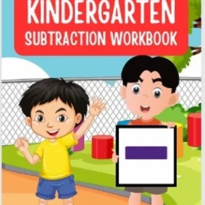 Kindergarten subtraction workbook cover with cartoon kids holding a math symbol outdoors
