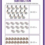 Kindergarten subtraction worksheet featuring zebras, elephants, and monkeys for visual math learning