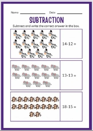 Kindergarten subtraction worksheet featuring zebras, elephants, and monkeys for visual math learning