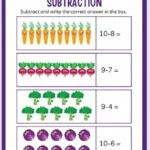 Kindergarten subtraction worksheet with colorful vegetables like carrots, beets, broccoli, and cabbages