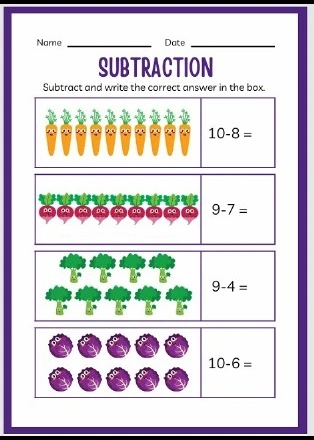 Kindergarten subtraction worksheet with colorful vegetables like carrots, beets, broccoli, and cabbages