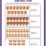 Subtraction worksheet for kids using cute images of squirrels, lions, foxes, and insects