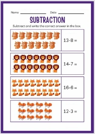 Subtraction worksheet for kids using cute images of squirrels, lions, foxes, and insects