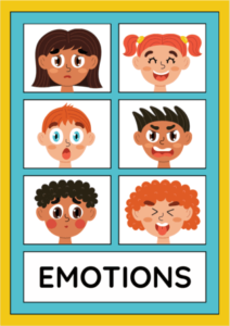 A colorful poster with six cartoon kids showing different emotions